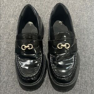 Zara Shiny Black Loafers with Silver Detail